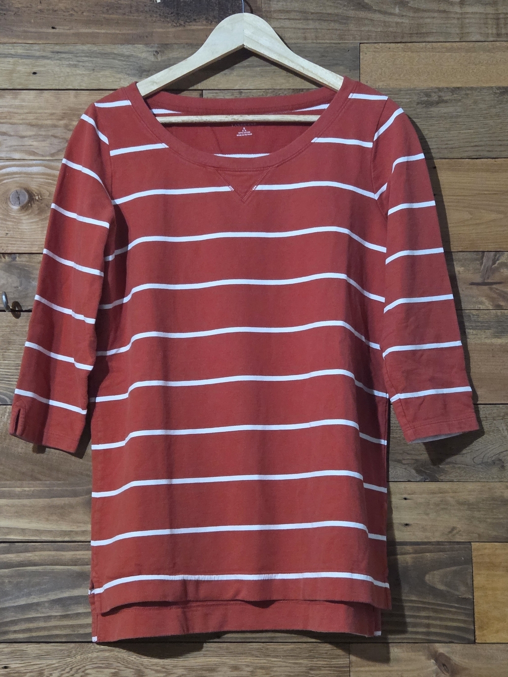 Lands’ End 100% Cotton Rust White Striped 3/4 Sleeve Preppy Coastal Top Size S